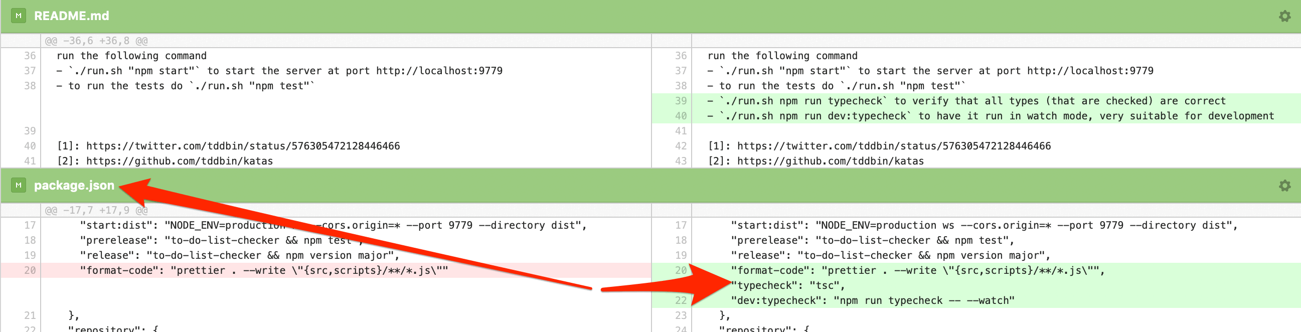 The git diff for the npm script `typecheck` which runs tsc.