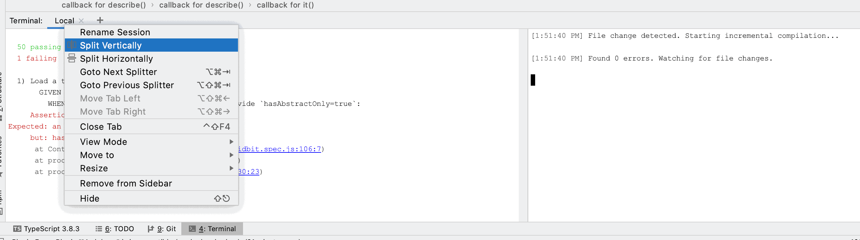 The split terminal view in WebStorm