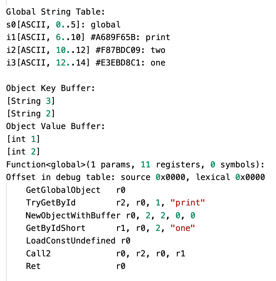 Hermes bytecode for object code